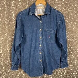 Vintage Bugle Boy Women's Button Up Denim Jean Top Size Med Blue Cotton